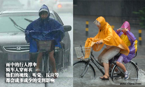 请穿上你的雨衣,外面在下雨.please ( ) your raincoat ( ).